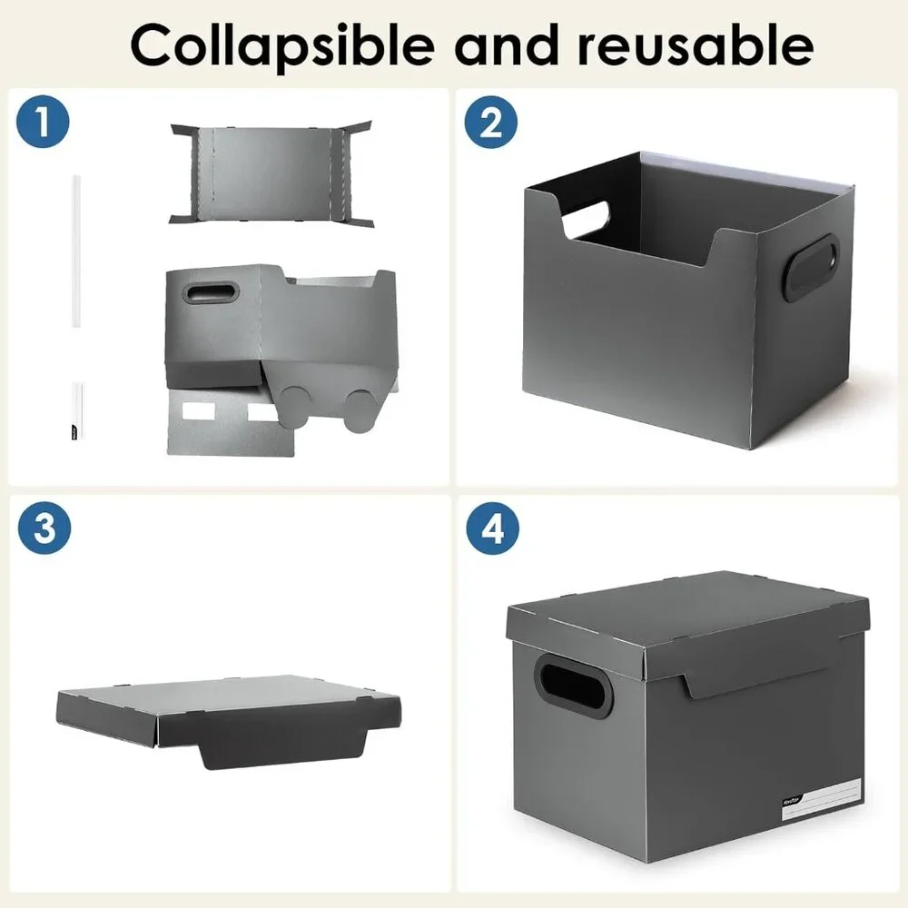 NEW King Top Set of 4 Plastic Collapsible Foldable Folding Small File Boxes Lid